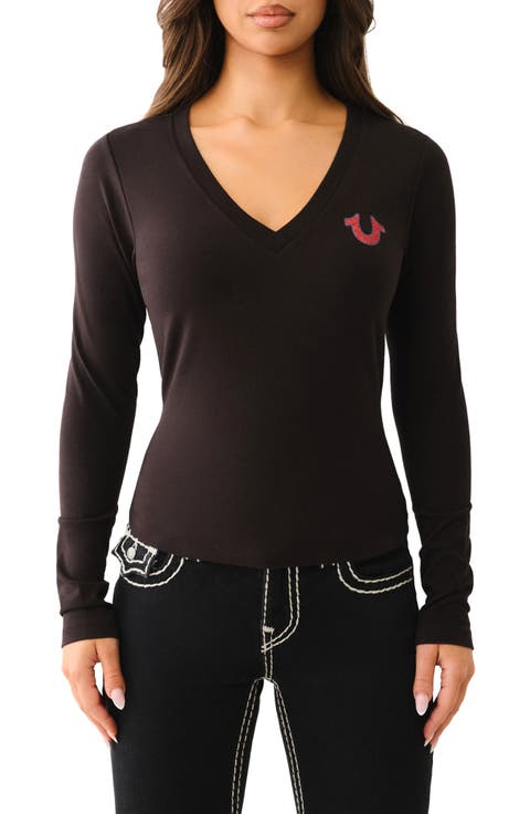 Embellished Long Sleeve Cotton Graphic T-Shirt