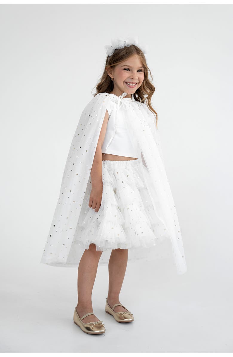 Mini Celebrities To Moon Gold Foil Star Tulle Skirt & Cape Set, Main, color, White Sparkle