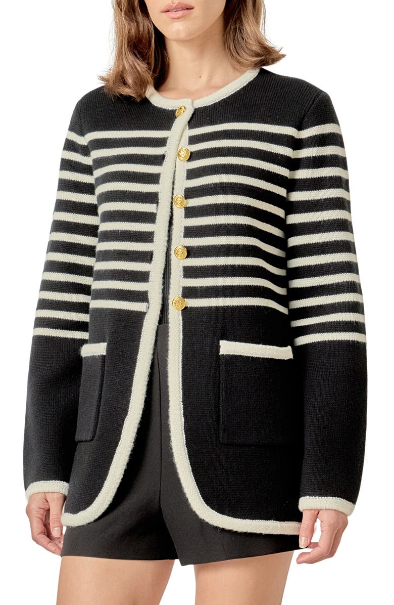 English Factory Stripe Cardigan, Alternate, color, Black/ Cream