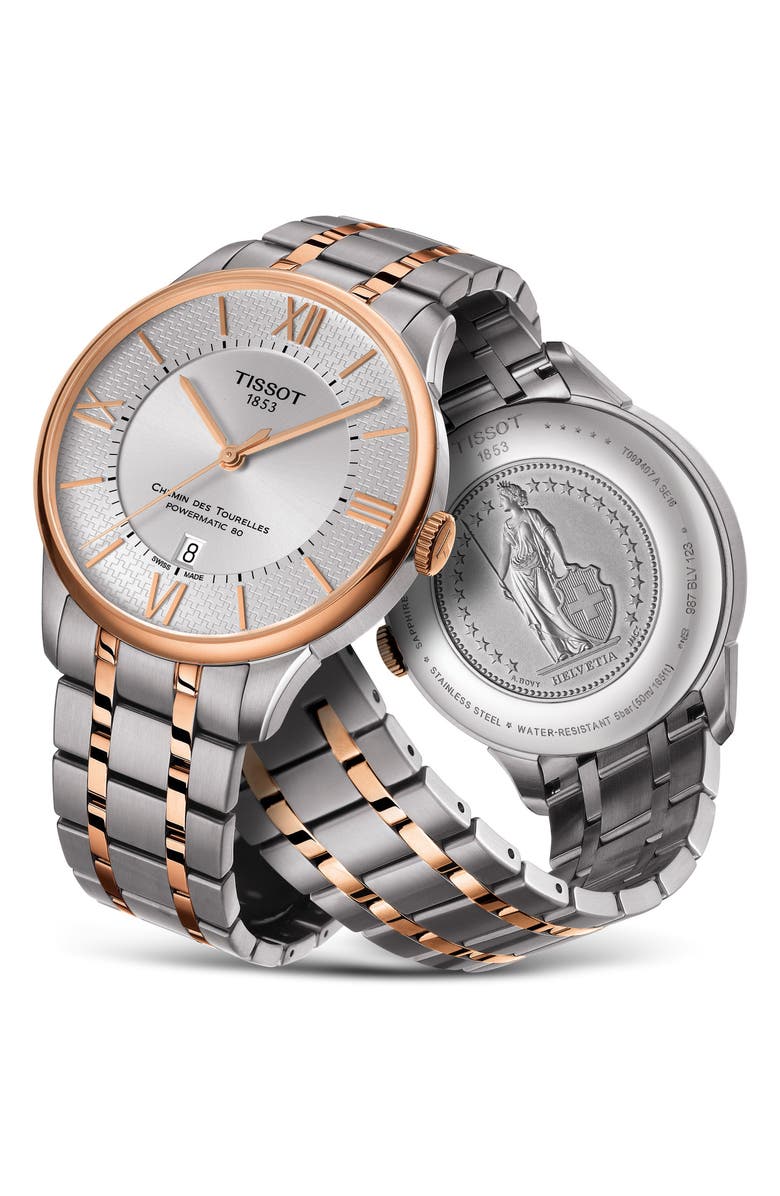 Tissot Chemin Des Tourelles Automatic Bracelet Watch, 42mm, Alternate, color, Two Tone/ Silver/ Rose Gold