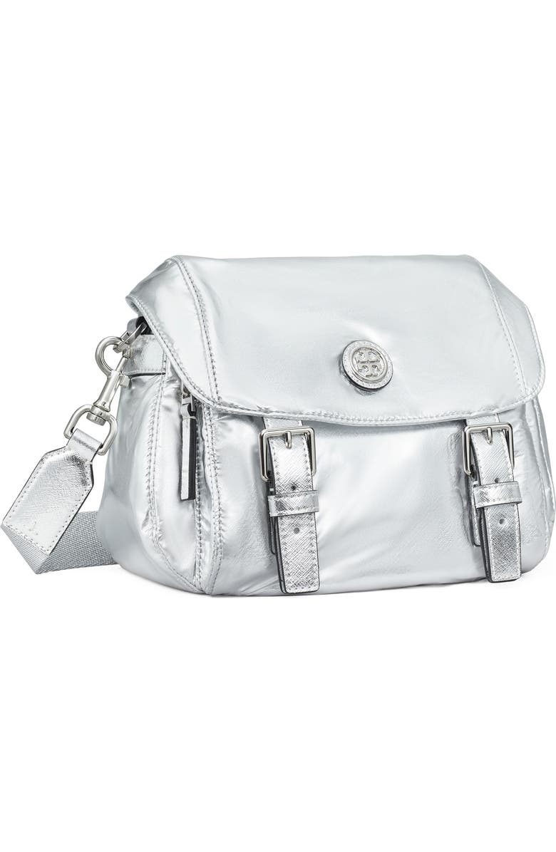 Tory Burch Small Virginia Metallic Nylon Messenger Bag, Alternate, color, Silver