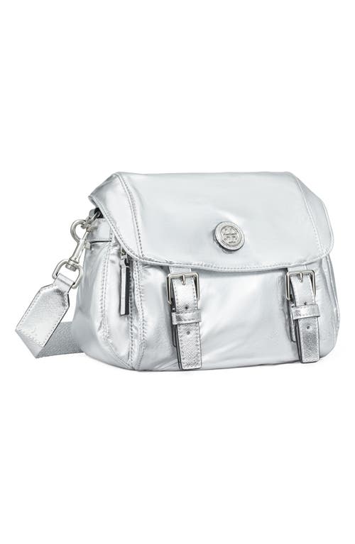 Tory Burch Small Virginia Metallic Messenger In Silver