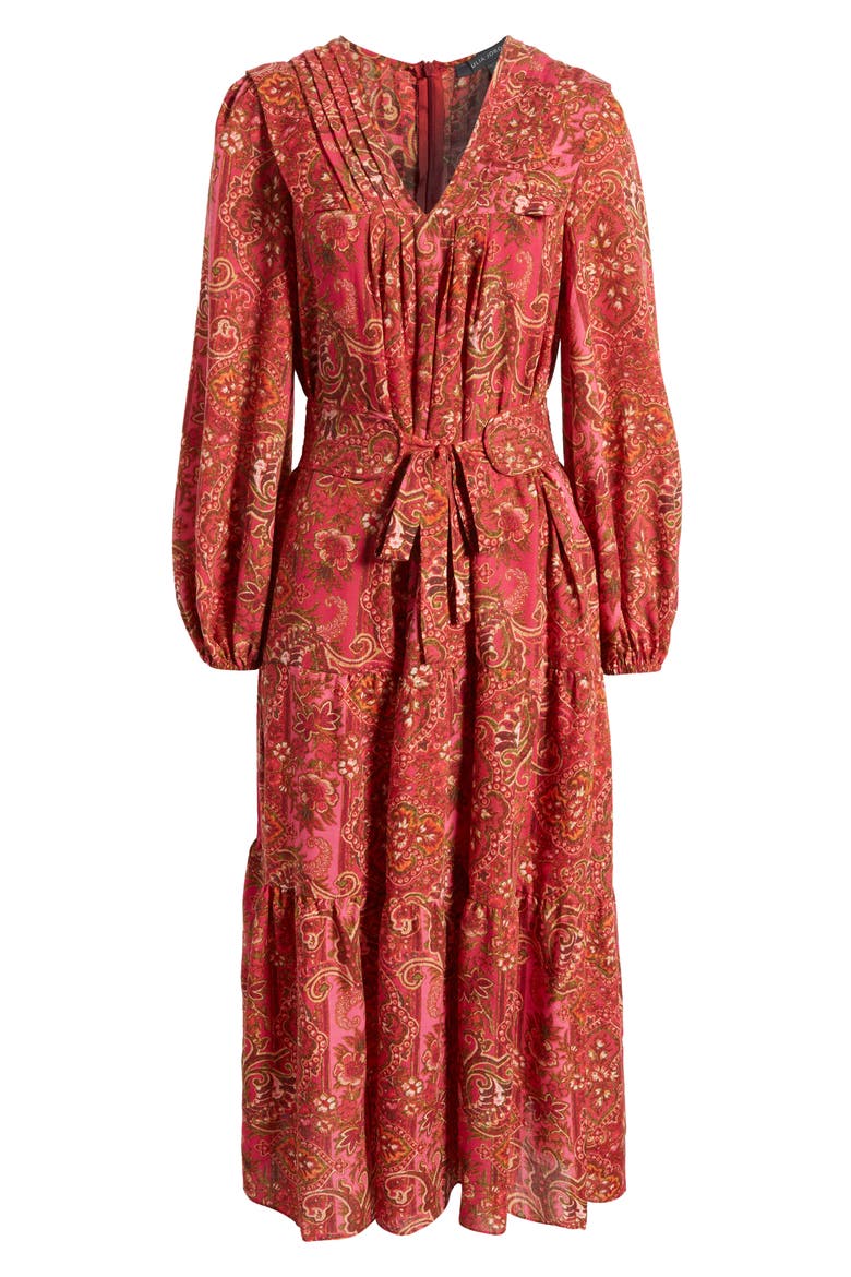 Paisley Long Sleeve Belted Midi Dress, Alternate, color, RED MULTI