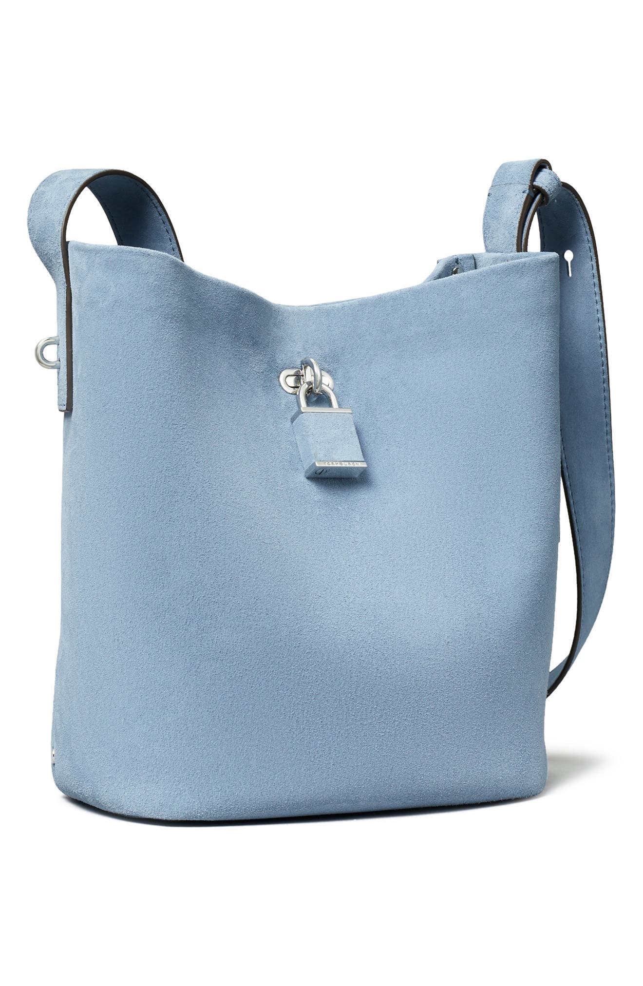 Lock Medium Slim Suede Bucket Bag, Alternate, color, STEEL BLUE