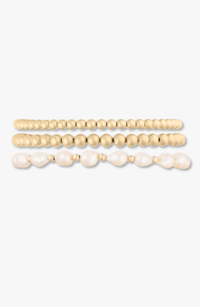 CUFFED BY NANO Baroque Pearl and 14k Gold Filled Bead Four Bracelet Stack, Main, color, Gold