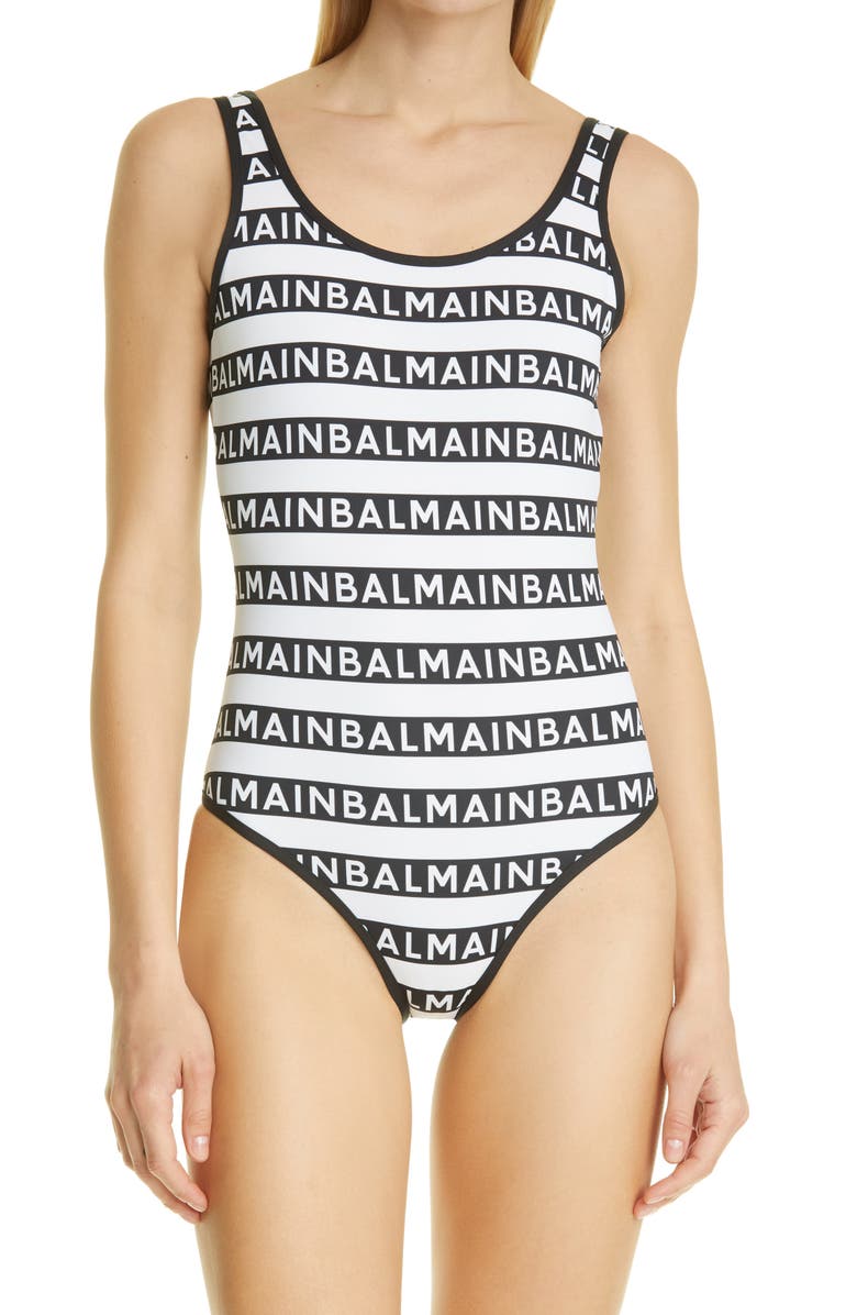 Balmain Logo Stripe One-Piece Swimsuit, Main, color,