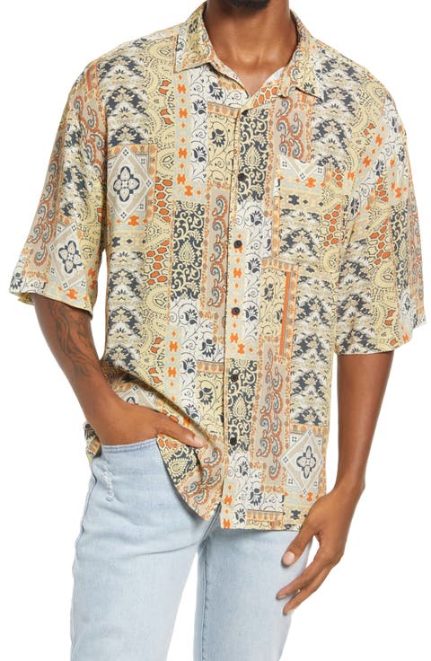 Men's Oversize Vintage Print Short Sleeve Camp Shirt