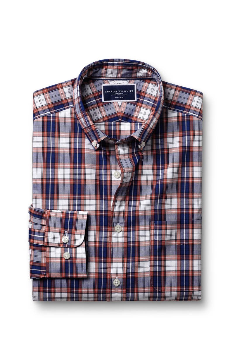 Charles Tyrwhitt Slim Fit Button-Down Collar Non-Iron Stretch Poplin Check Shirt, Alternate, color, Red