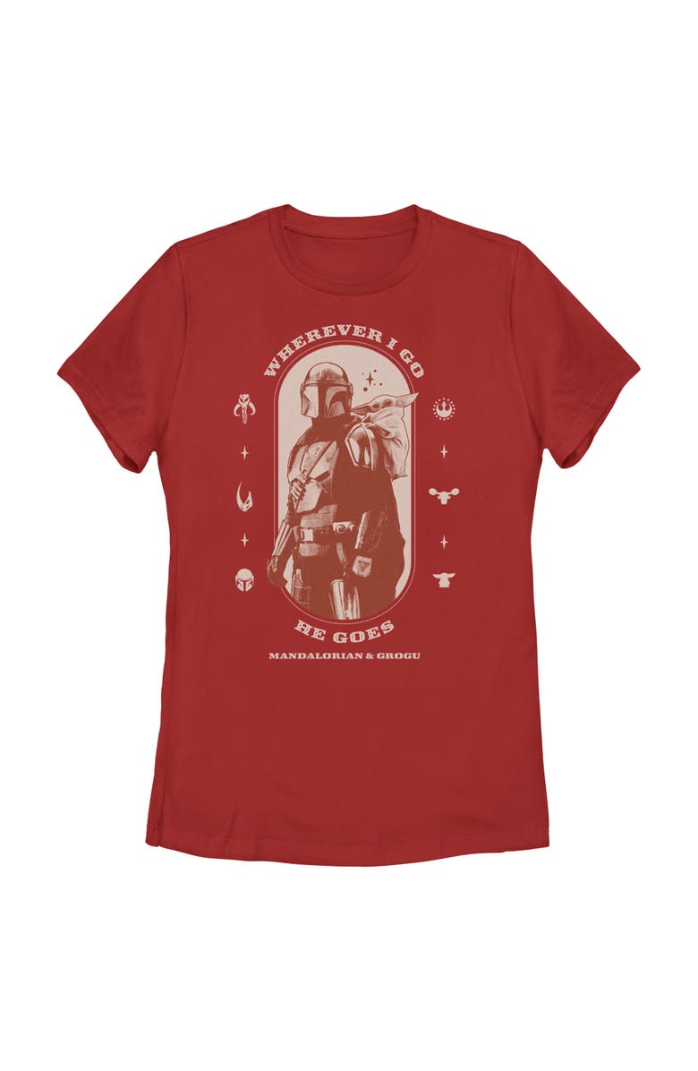 Star Wars: The Mandalorian and Grogu Women's Star Wars The Mandalorian and Grogu Wherever I Go He Goes Logo  Graphic T-Shirt, Main, color, Red