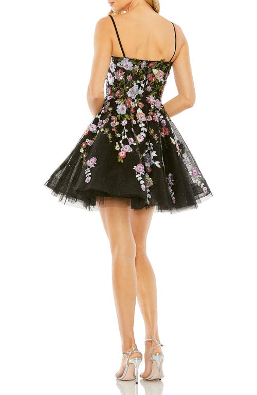 Mac Duggal Thin Strap Floral Embroidered Mini Dress In Black