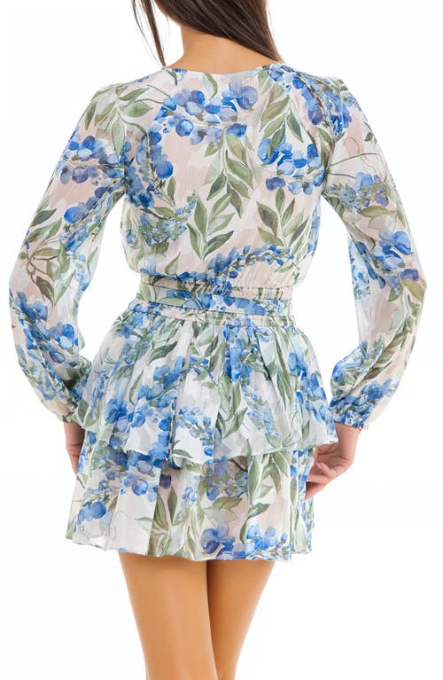 Socialite Metallic Floral Long Sleeve Minidress In Blue