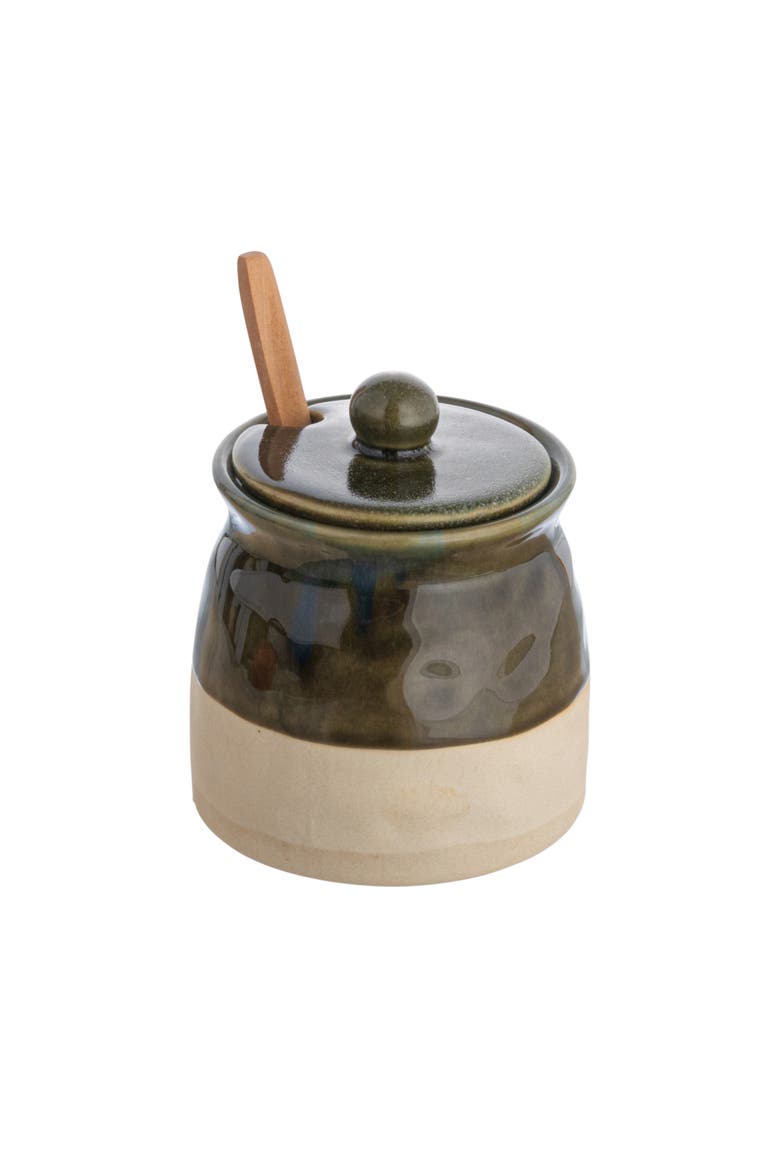 Stoneware Sugar Pot with Lid and Wood Spoon, Deep Green Glaze, Main, color, Green