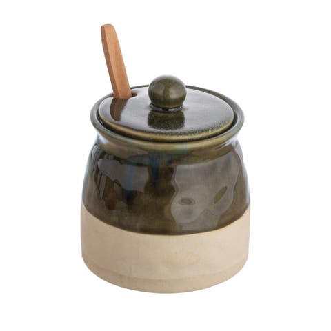 Stoneware Sugar Pot with Lid and Wood Spoon, Deep Green Glaze
