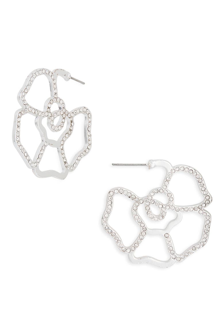 Crystal Flower Medium Hoop Earrings, Main, color, SILVER