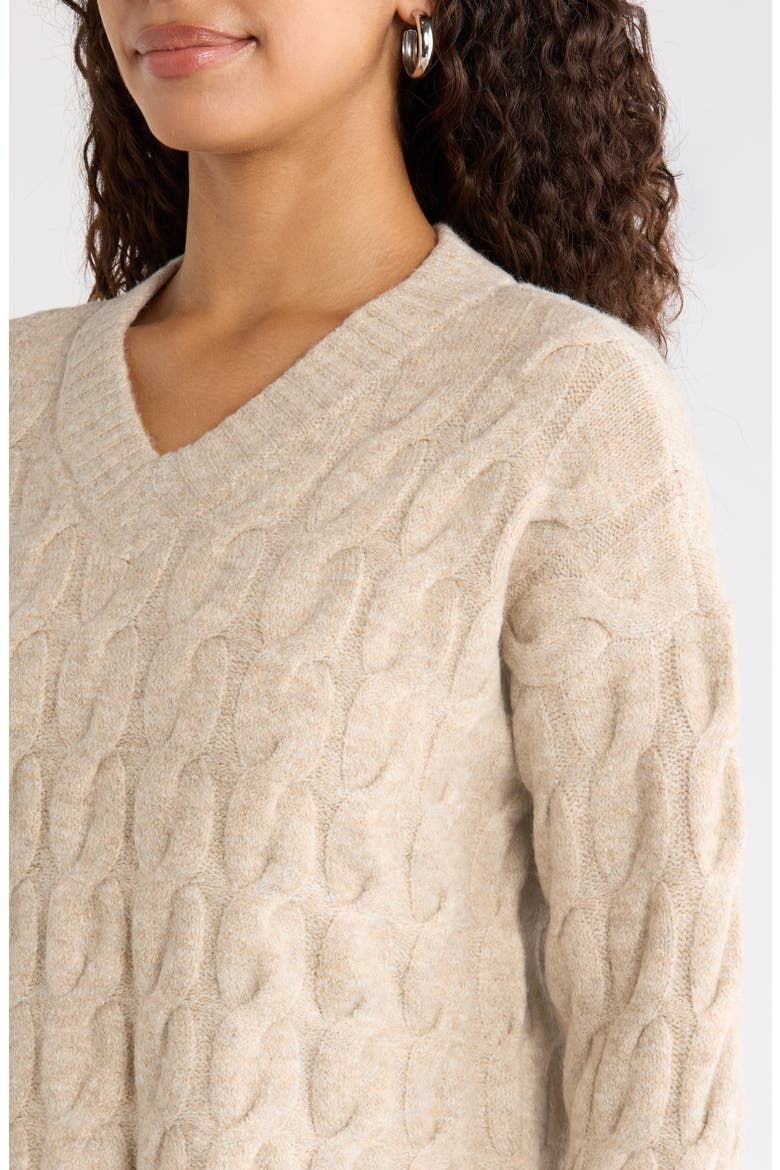 Cable Knit V-Neck Sweater, Alternate, color, OATMEAL