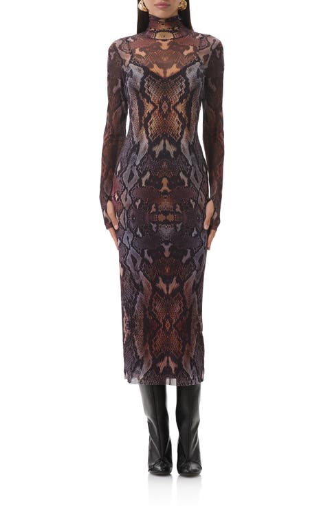 Shailene Print Long Sleeve Powermesh Body-Con Midi Dress