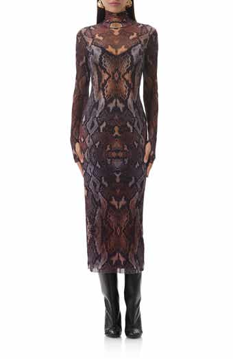 AFRM Shailene Print Long Sleeve Powermesh Body-Con Midi Dress