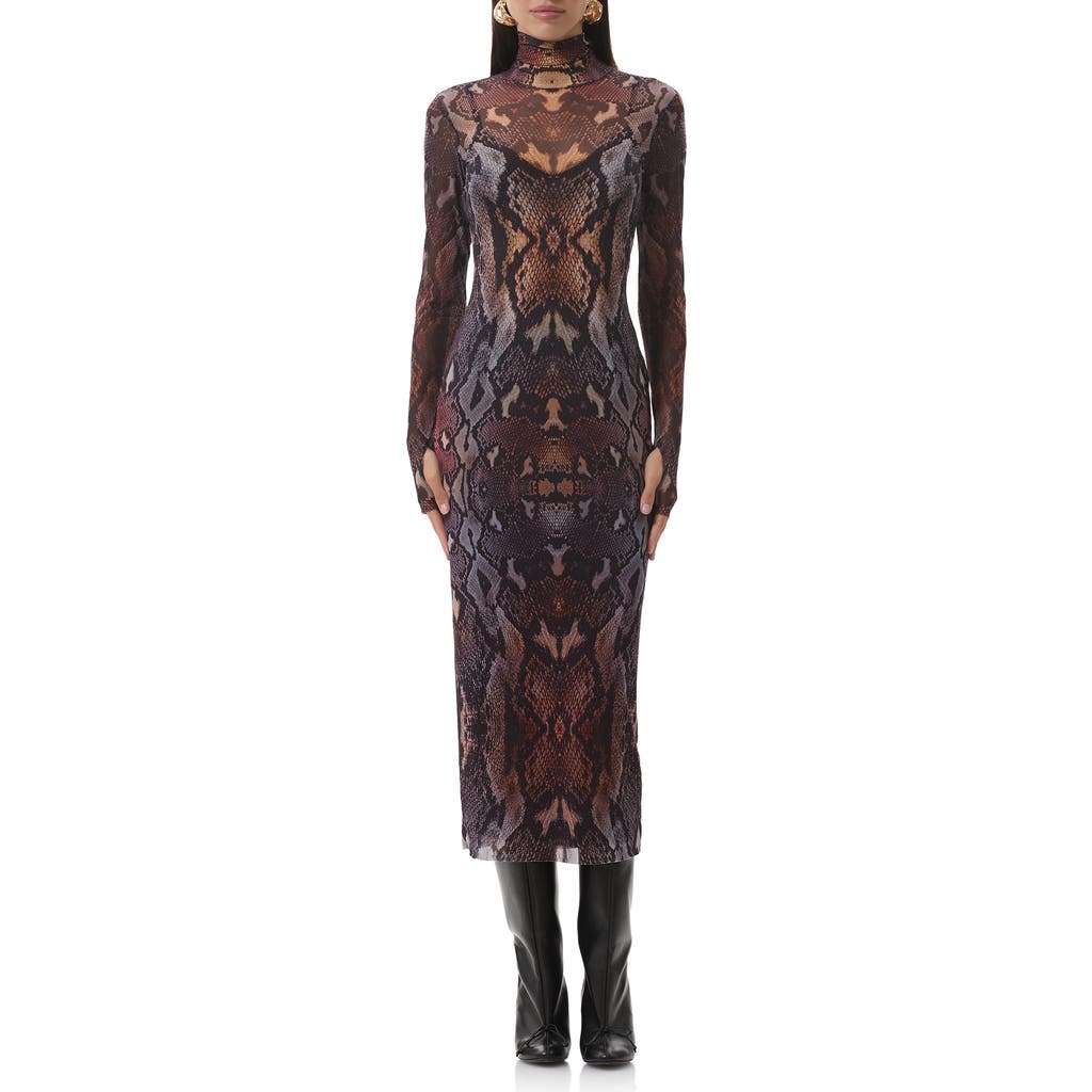Afrm Shailene Print Long Sleeve Powermesh Body-con Midi Dress In Brown