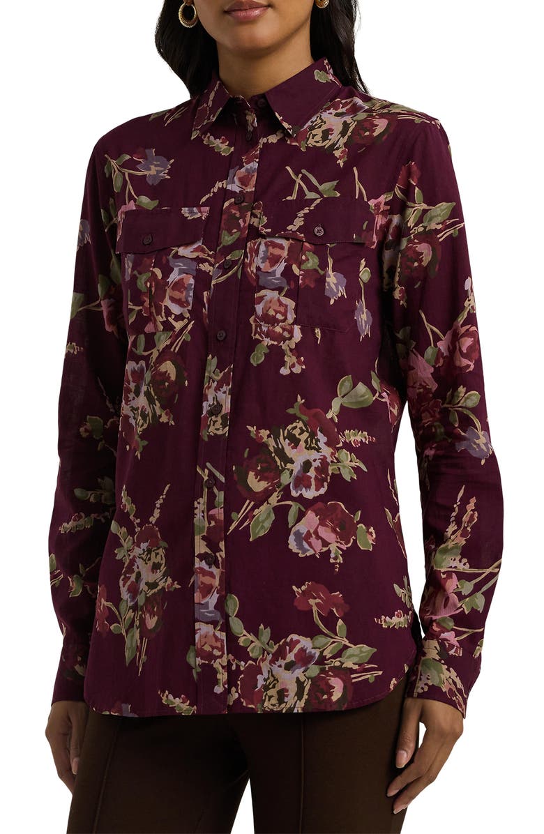 Lauren Ralph Lauren Classic Fit Floral Cotton Voile Button-Up Shirt, Main, color, Burgundy Multi