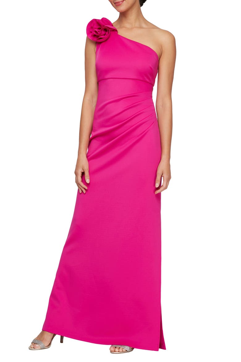 Floral Detail One-Shoulder Gown, Main, color, FUCHSIA