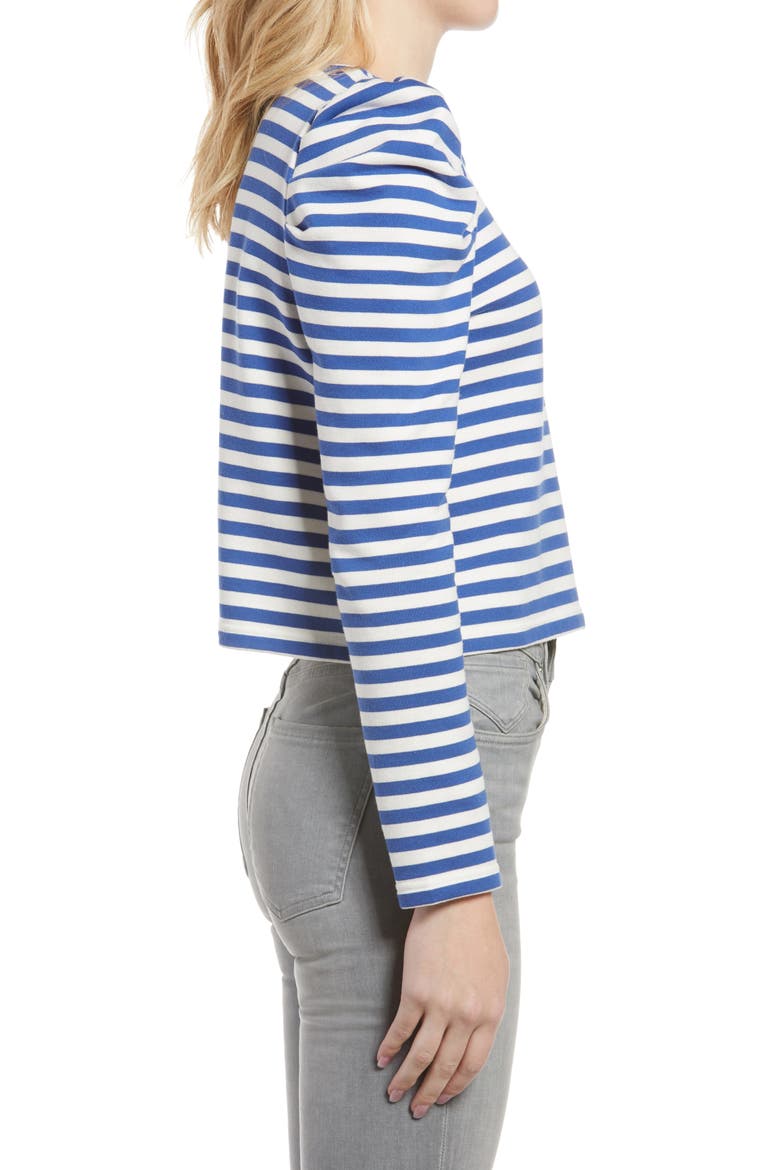 Talia Stripe Crop Puff Sleeve Cotton Sweatshirt, Alternate, color, FRENCH BLUE/ ECRU STRIPE