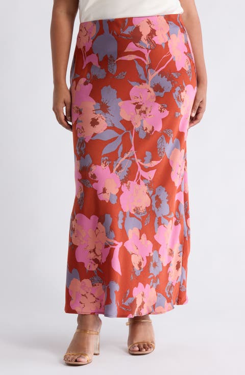 Floral Satin Maxi Skirt (Plus)