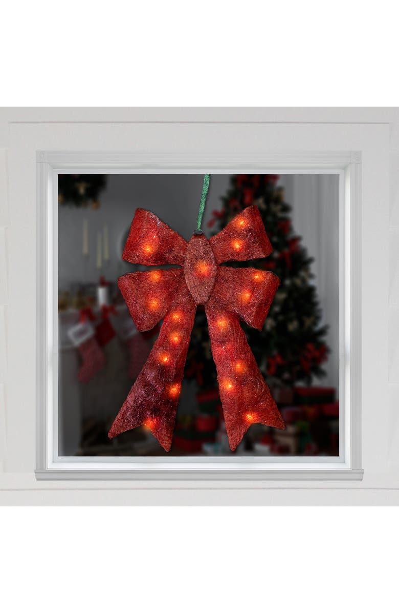 Northlight Lighted Sparkling Sisal Outdoor Christmas Double Bow - 23" - Red - Clear Lights, Alternate, color, 