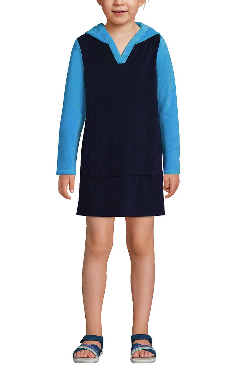 Lands' End Girls Terry Pullover Cover-up, Main, color, Deep Sea Navy Colorblock