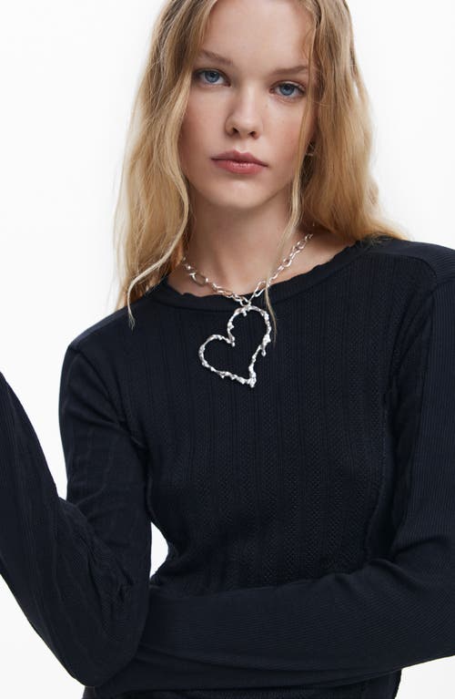 Desigual Charm Pointelle Stretch Cotton Top In Black
