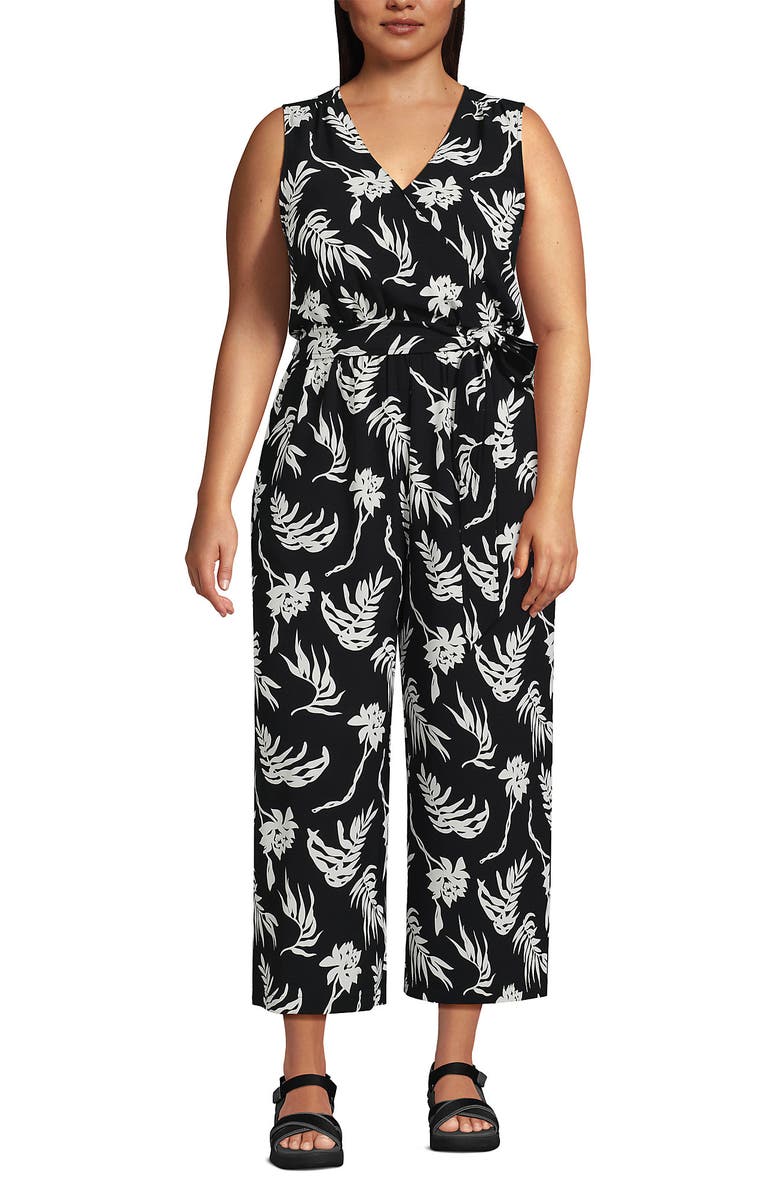 Lands' End Sleeveless Creaseless Wrap Jumpsuit with Smocked Waist, Main, color, Black Tropic Floral