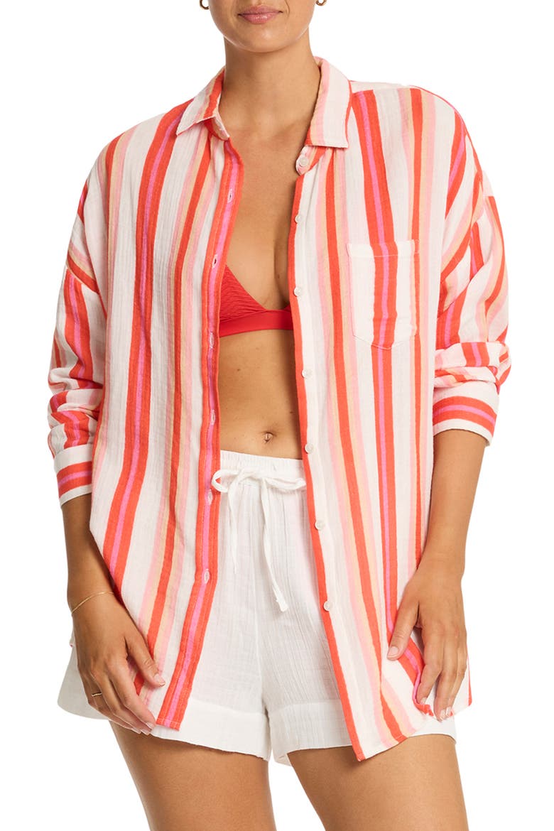 West Coast Beach Stripe Cover-Up Shirt, Main, color, CORAL
