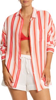 Sea Level West Coast Beach Stripe Cover-Up Shirt