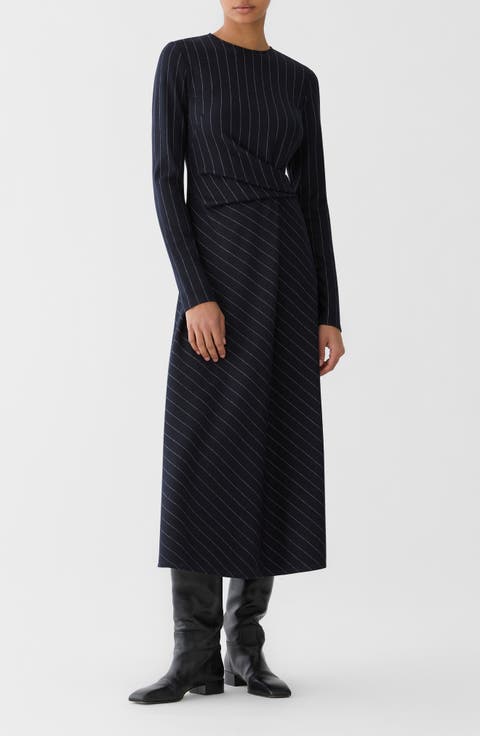 Gathered Waist Wool & Cotton Midi Dress