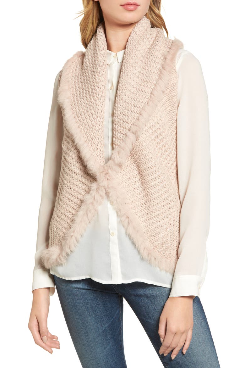 Knit Vest with Genuine Rabbit Fur Trim, Alternate, color, BLUSH