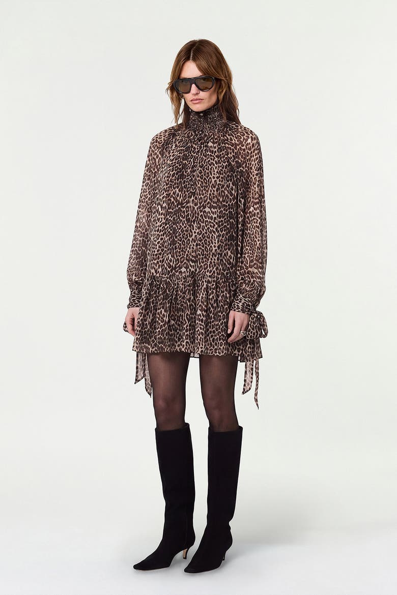 Eliza Scarf Detail Printed Mini Swing Dress, Alternate, color, DESERT LEOPARD