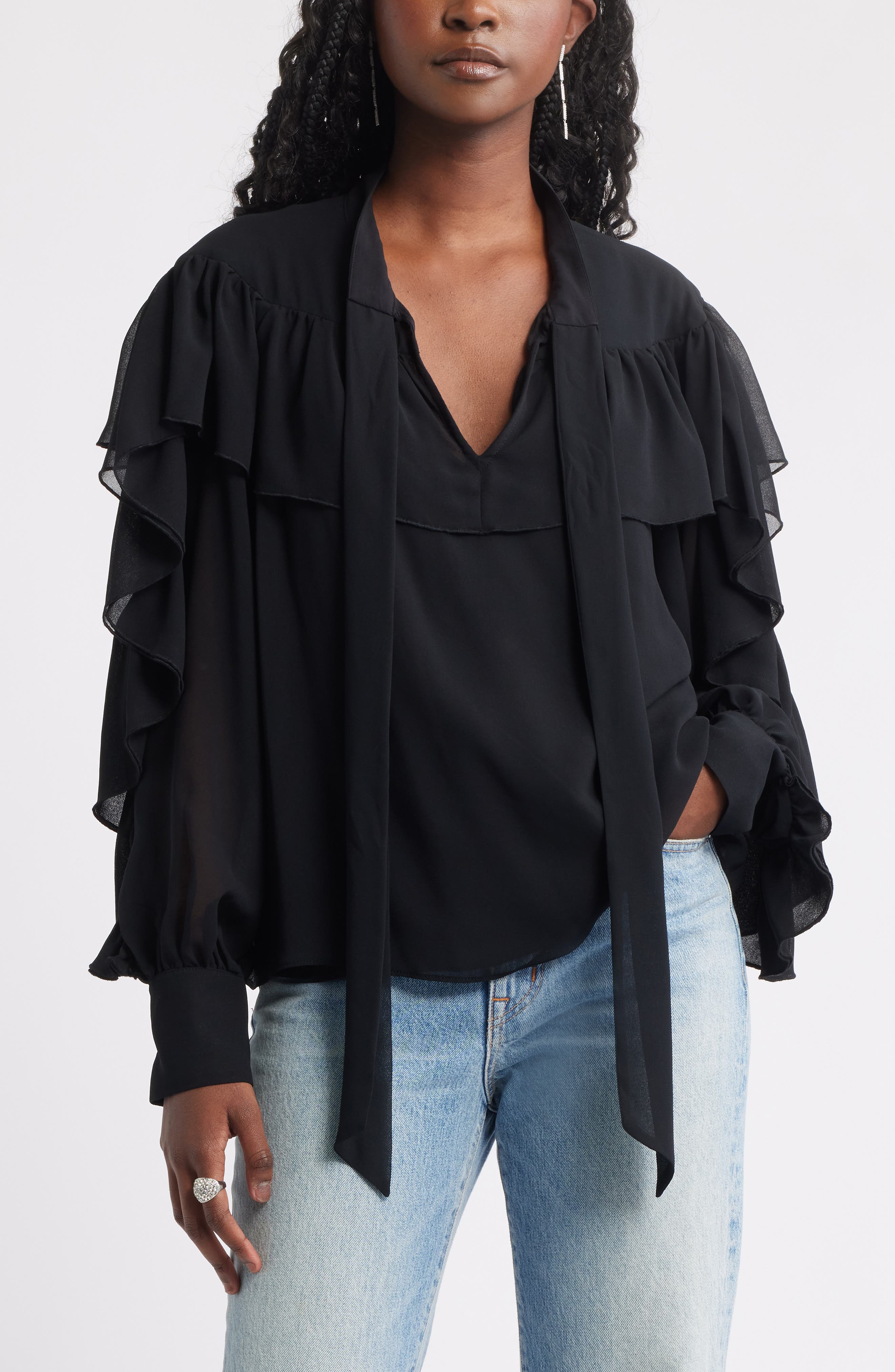 Treasure & Bond Tie Neck Ruffle Chiffon Top