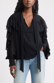 Treasure & Bond Tie Neck Ruffle Chiffon Top