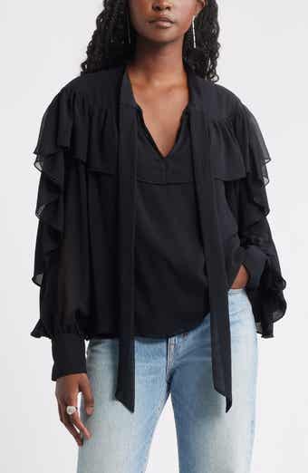 Treasure & Bond Tie Neck Ruffle Chiffon Top