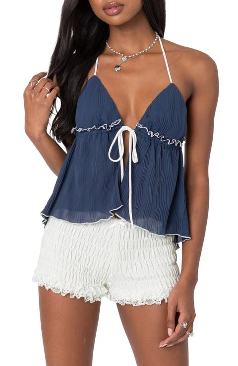 Pleated Split Front Halter Top