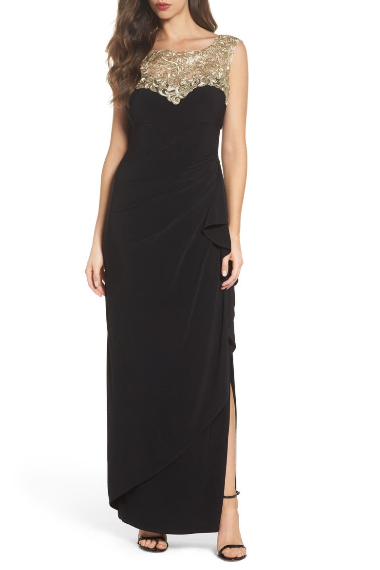 Embroidered Side Ruched Gown, Main, color, BLACK/ GOLD