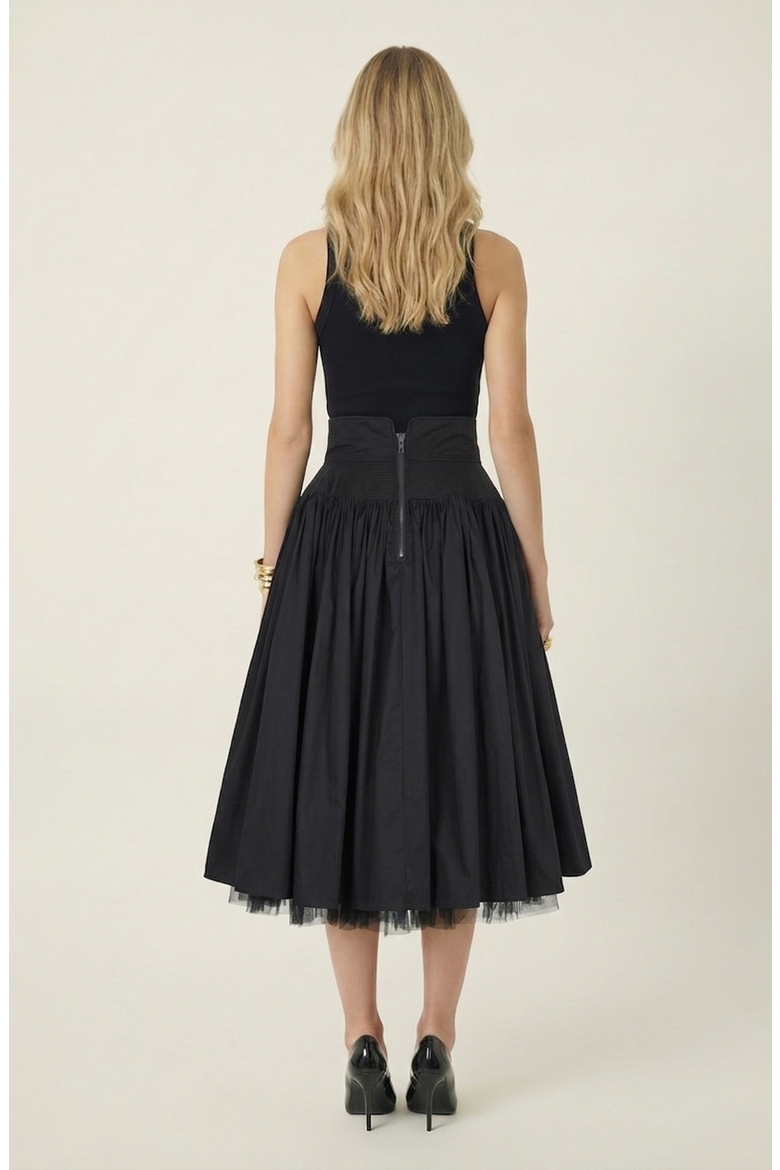 High Waist Midi Skirt with Tulle Hem, Alternate, color, Black