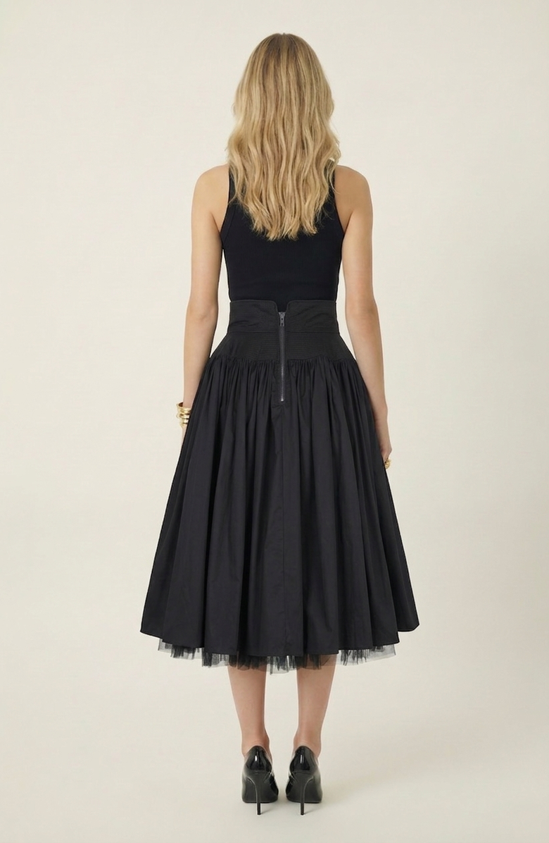 Modenaire High Waist Midi Skirt with Tulle Hem, Alternate, color, Black