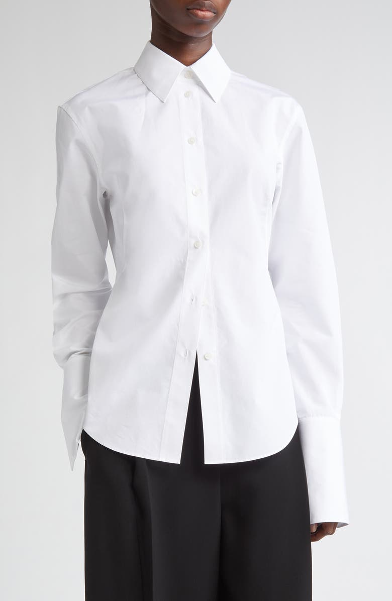 Lafayette 148 New York Fitted Organic Cotton Poplin Button-Up Shirt, Main, color, White