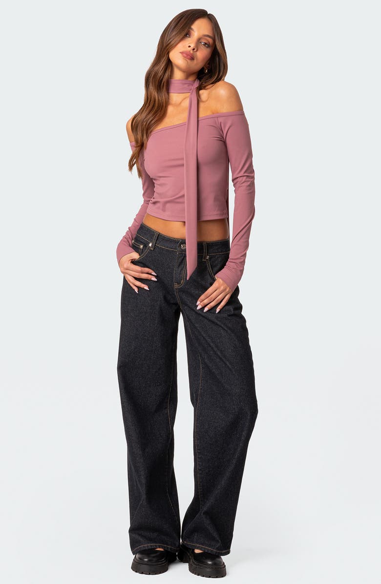 EDIKTED Off-the-Shoulder Long Sleeve Crop Top & Scarf, Alternate, color,