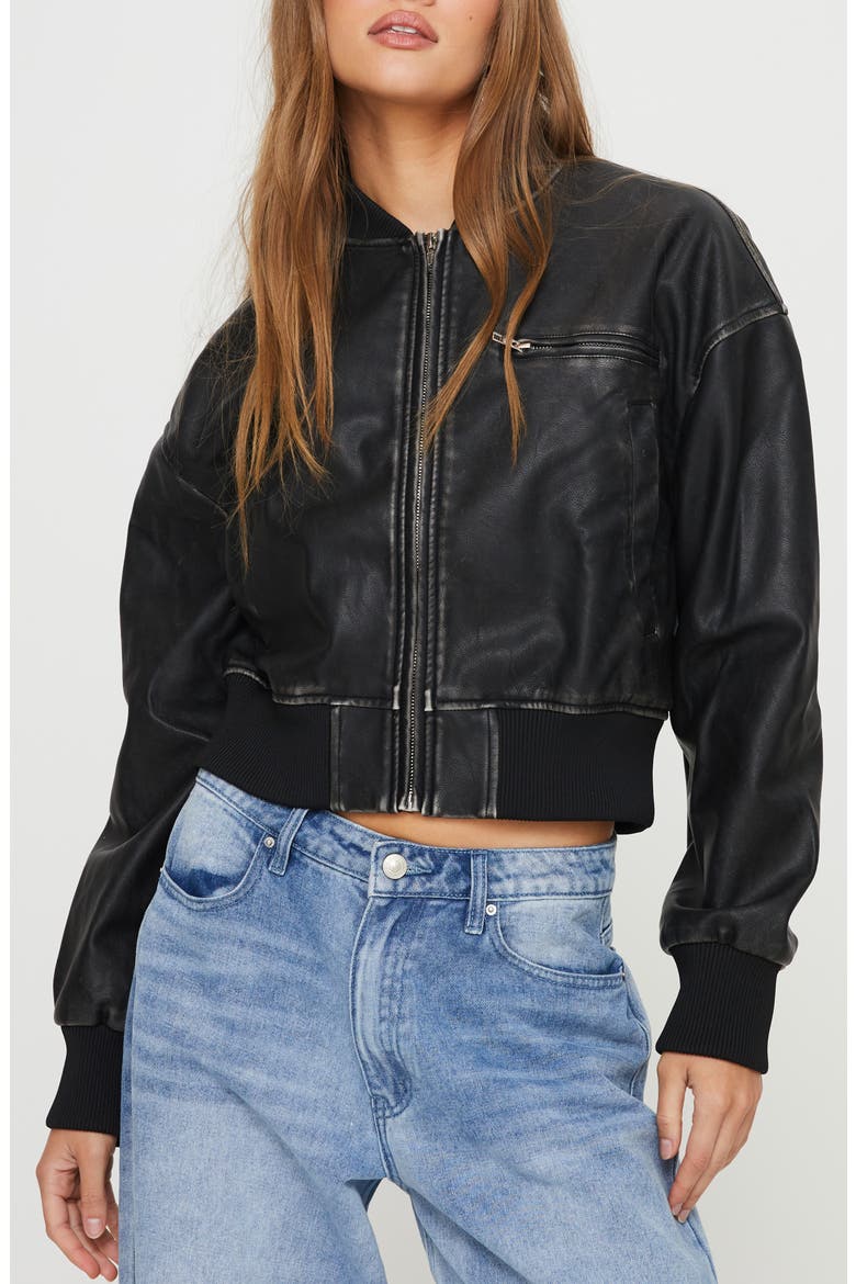 Sweet Disaster Faux Leather Bomber Jacket, Main, color, BLACK
