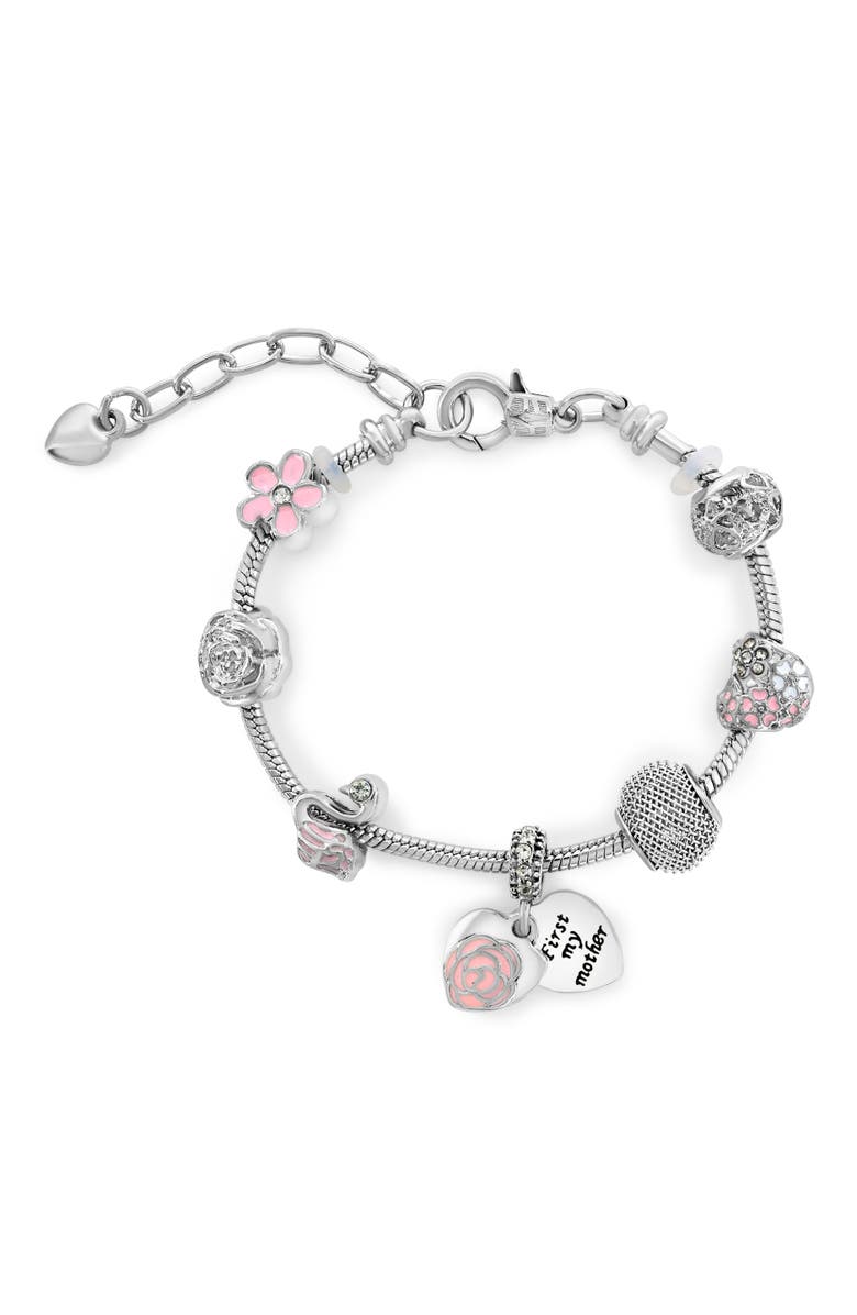 Donatello Gian Flower And Heart Inspiring Charm Bracelet, Main, color, Pink