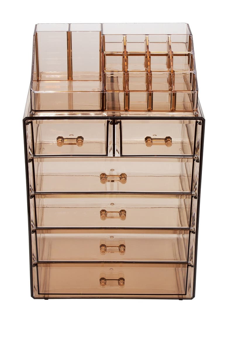 Acrylic 6 Drawer & Top Organizer Cosmetics Makeup & Jewelry Storage Case Display Set, Main, color, BROWN