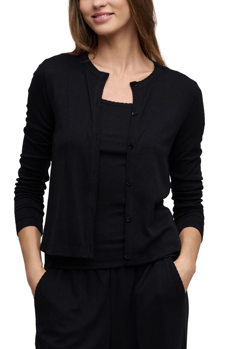 Scalloped Pointelle Cardigan, Main, color, BLACK