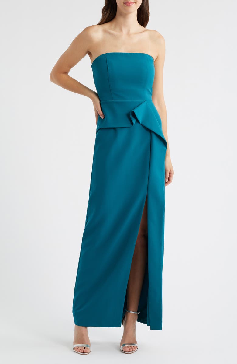 Vince Camuto Laguna Ruffle Detail Strapless Gown, Main, color, Teal