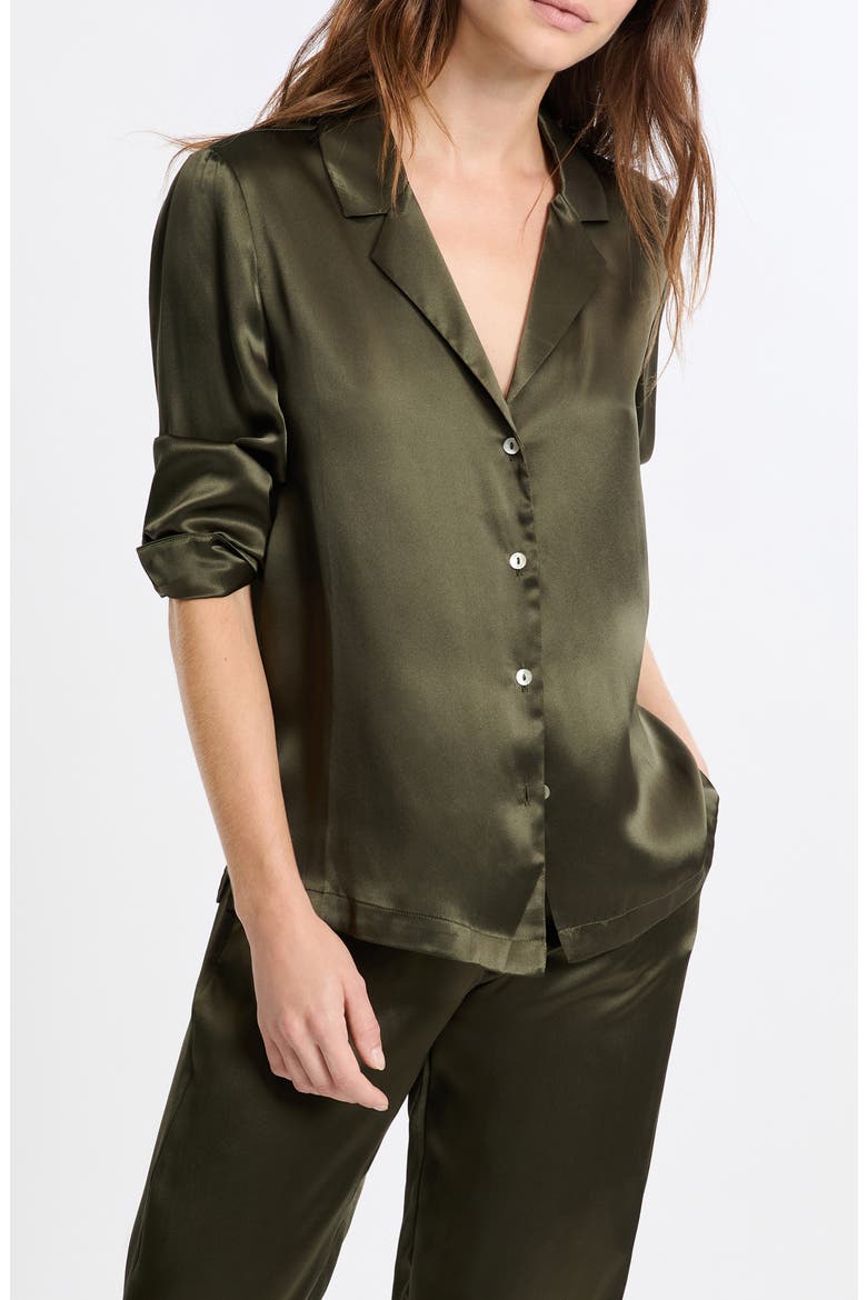 Pearly Silk Chemise Button-Up Pajama Shirt, Alternate, color, KAKI